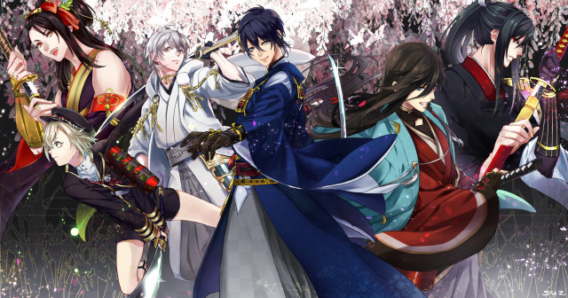 Anime characters crowd swords standing free wallpaper - medium preview image