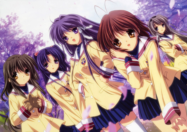 Girls school uniforms line trees free wallpaper - medium preview image