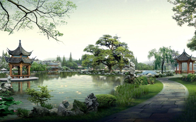 Park pond pavilions path leading #2 free wallpaper - medium preview image