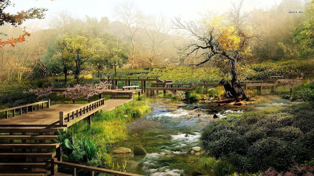 River bridge park trees flowers #2 free wallpaper for desktop - medium preview image