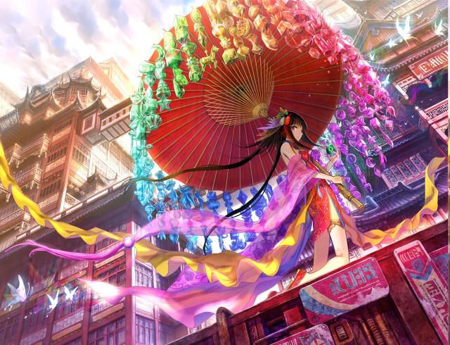 Woman umbrella building streamers lights free wallpaper - medium preview image