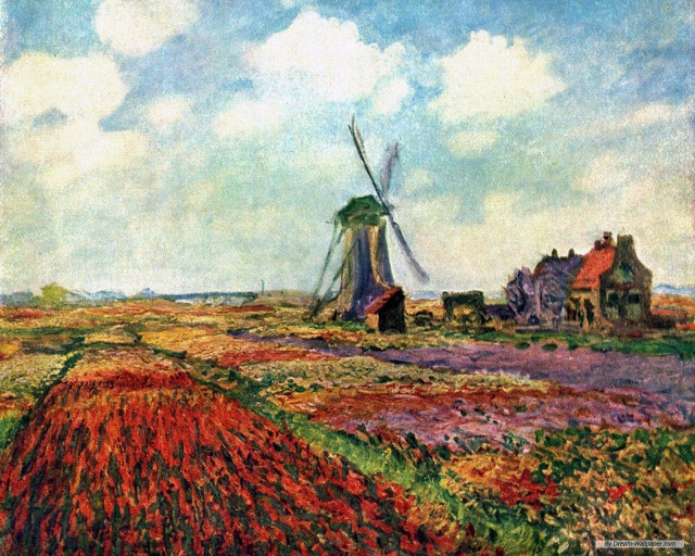 Windmill field flowers house blue free wallpaper - medium preview image
