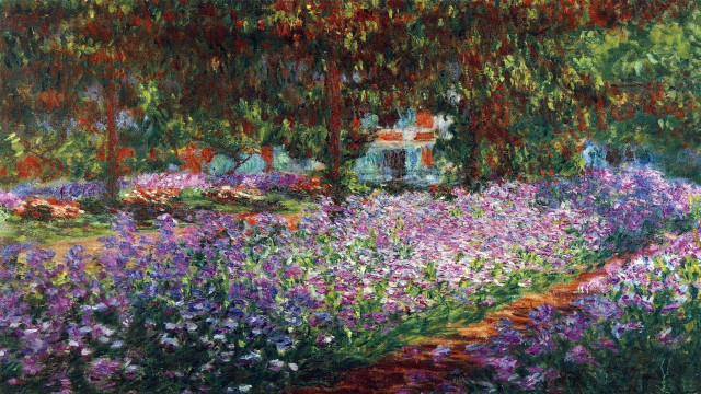 Garden flowers trees path building free wallpaper - medium preview image