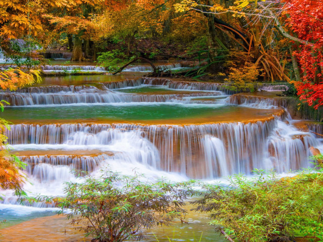 Waterfall forest autumn river bridge free wallpaper - medium preview image