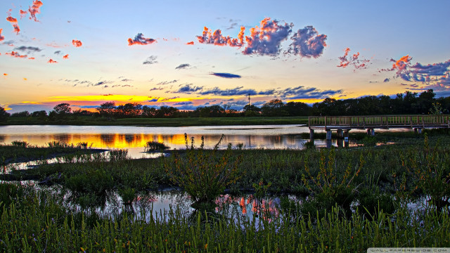 Sunset lake bridge clouds grassy free wallpaper - medium preview image