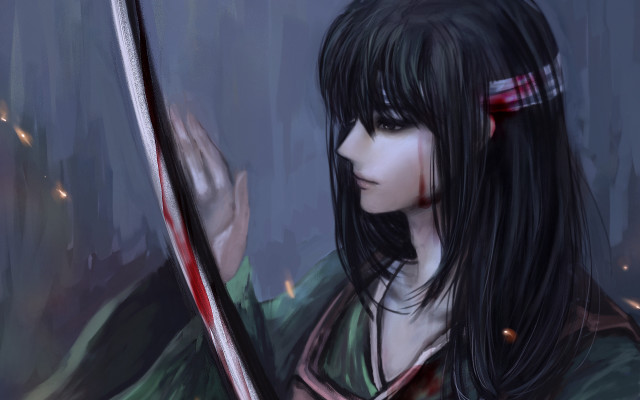 Woman sword green dress red free wallpaper - medium preview image