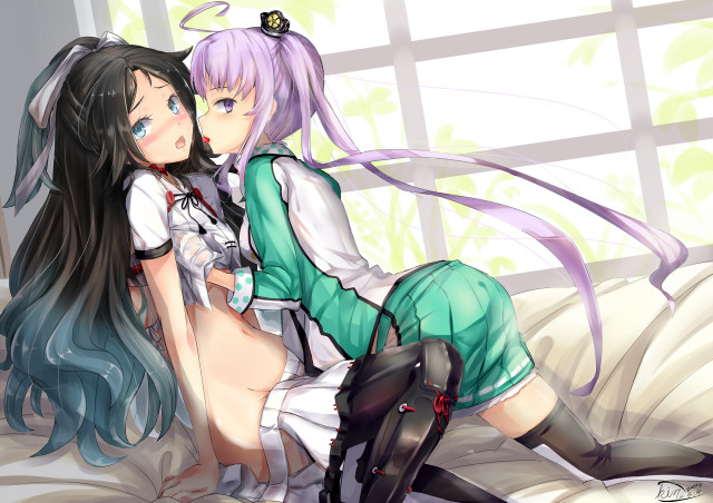 Anime girls sitting bed together free wallpaper - medium preview image