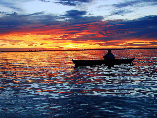Man boat lake sunset sky free wallpaper - medium preview image