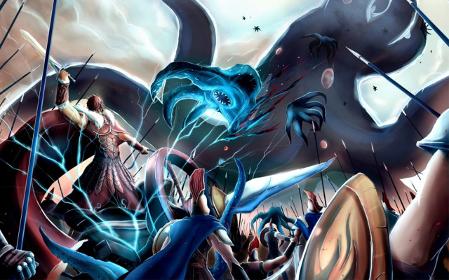 Giant monster attacking man battle free wallpaper - medium preview image