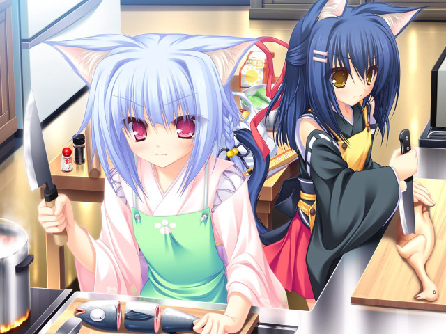 Anime girls cooking kitchen cat #2 free wallpaper - medium preview image