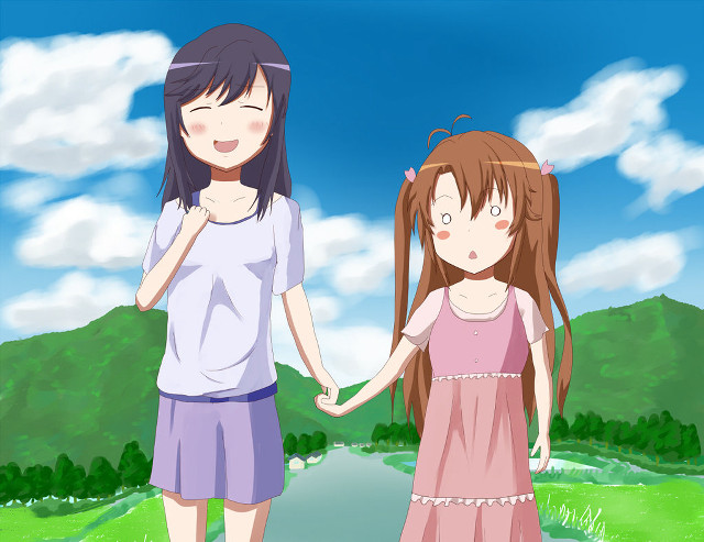 Girls holding hands countryside blue free wallpaper - medium preview image