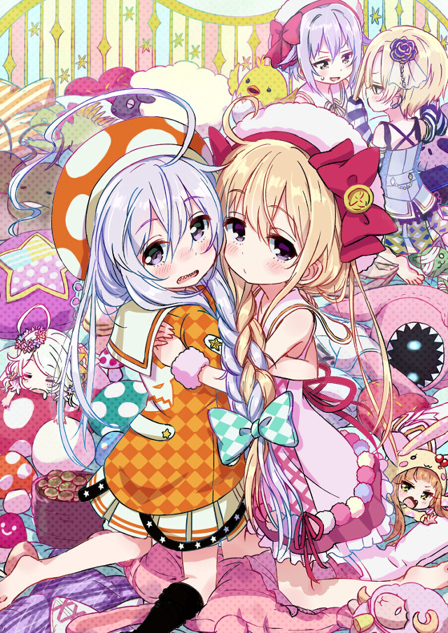 Anime girls hugging mushroom background free wallpaper - medium preview image