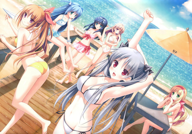 Women pier ocean umbrella group free wallpaper - medium preview image