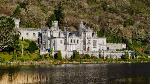 Castle hillside lake boat lush free wallpaper - medium preview image