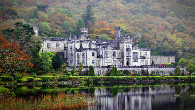 Large building hillside lake forest free wallpaper - medium preview image