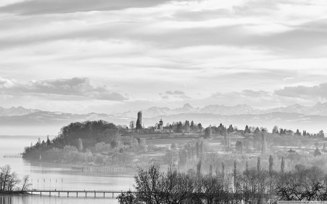 Black white island lake bridge free wallpaper - medium preview image