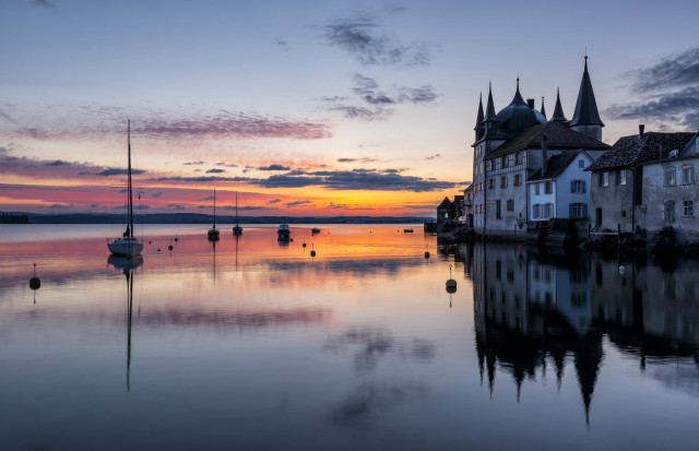 Sunset small town lake sailboats free wallpaper - medium preview image