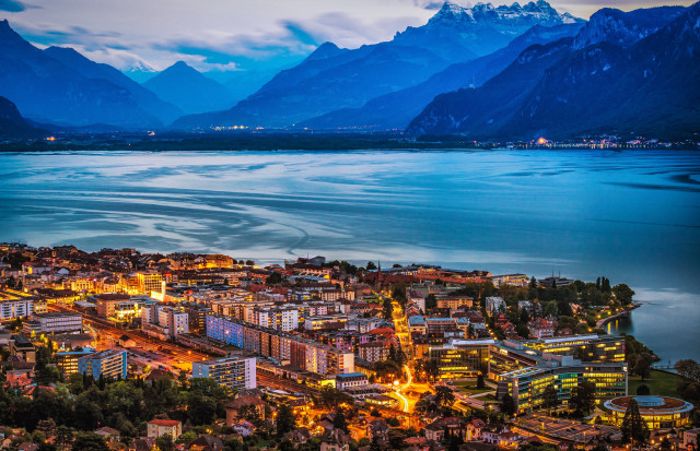 City lake mountains night lights free wallpaper - medium preview image