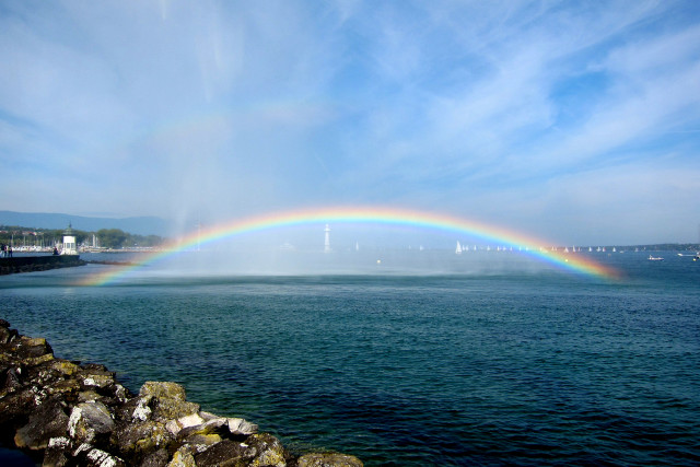 Rainbow water bridge boat background free wallpaper - medium preview image