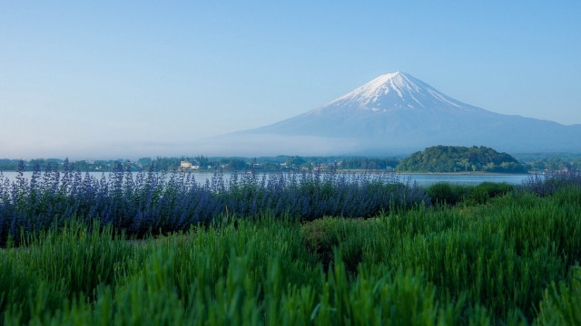 Mountain lake grass field scenery free wallpaper - medium preview image
