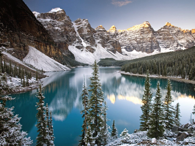 Lake mountains forests snow sunset free wallpaper - medium preview image