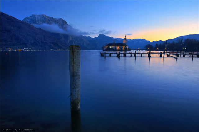 Dock clock tower mountains dusk free wallpaper - medium preview image