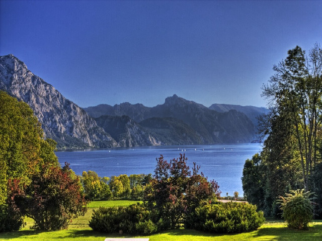 Lush green lake mountains bench free wallpaper - medium preview image