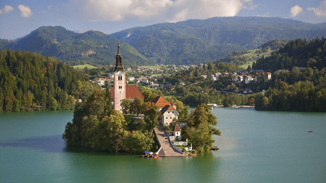 Small island church lake mountains #5 free wallpaper - medium preview image