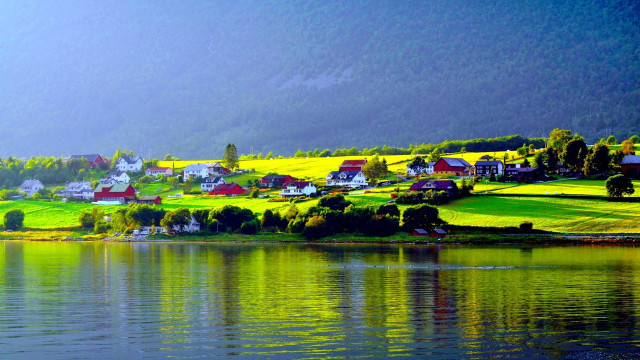 Small village green hillside lake free wallpaper - medium preview image