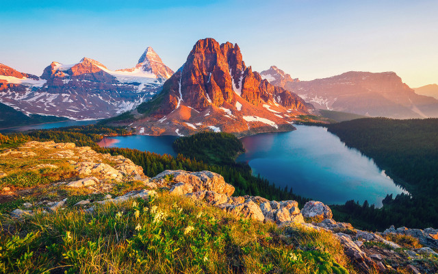 Mountain range lake sunset snow free wallpaper - medium preview image