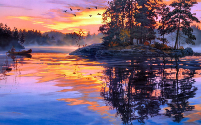 Lake boat trees sunset dawn free wallpaper - medium preview image