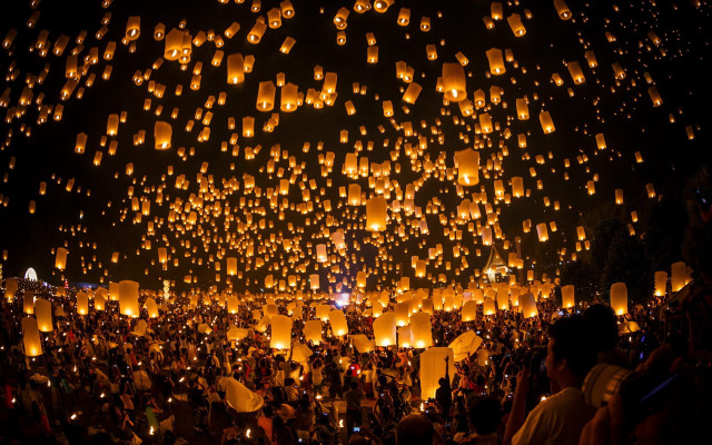 People lanterns night time gathering free wallpaper - medium preview image