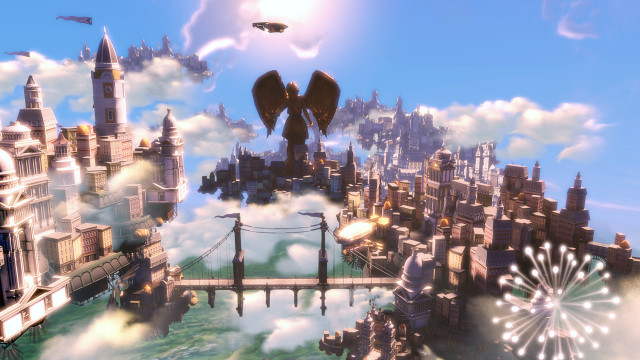 City bridge fireworks bird flying free wallpaper - medium preview image
