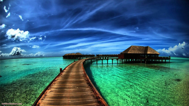 Tropical island pier hut clear free wallpaper - medium preview image