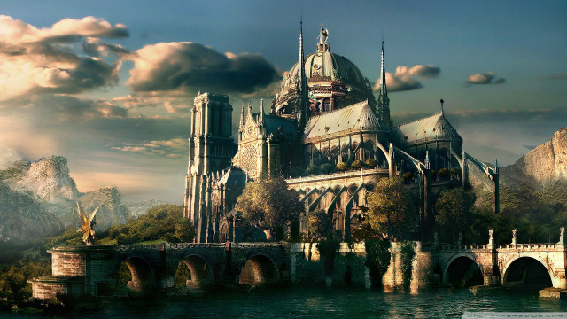 Castle bridge mountain clouds twilight free wallpaper - medium preview image