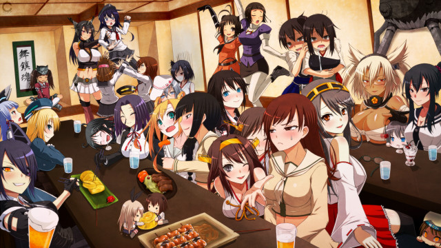 Anime girls table drinks food free wallpaper - medium preview image