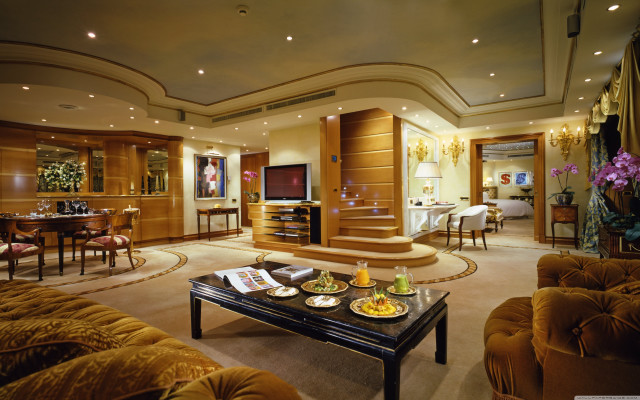 Livingroom spiralstaircase luxury bookshelf chandelier free wallpaper - medium preview image