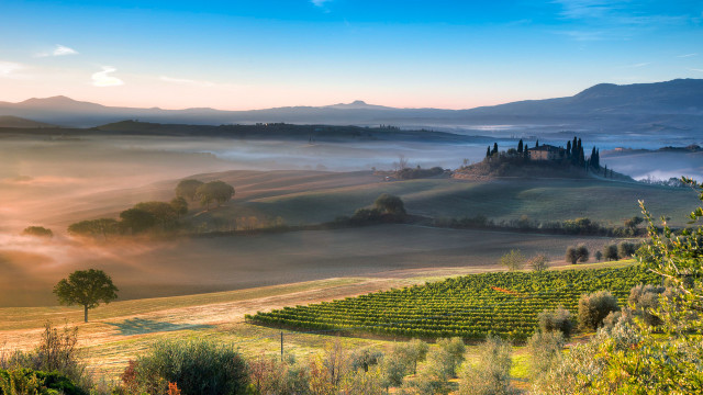 Scenic farm fog hills castle free wallpaper - medium preview image