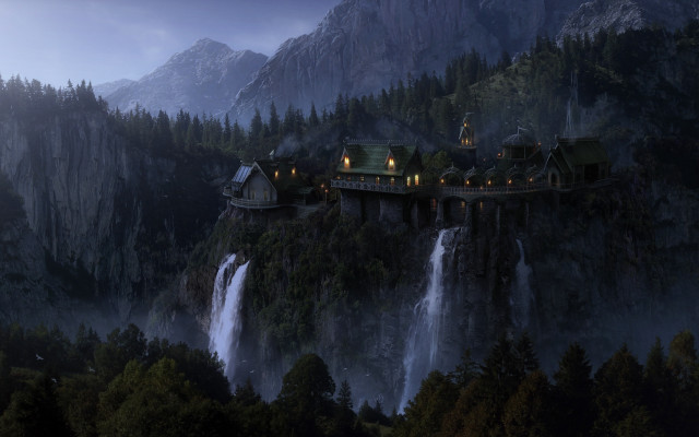 Castle cliff waterfall night lights free wallpaper - medium preview image