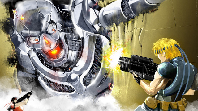 Man robot guns explosion battle free wallpaper - medium preview image