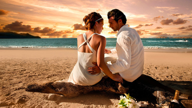 Man woman sitting log beach free wallpaper - medium preview image