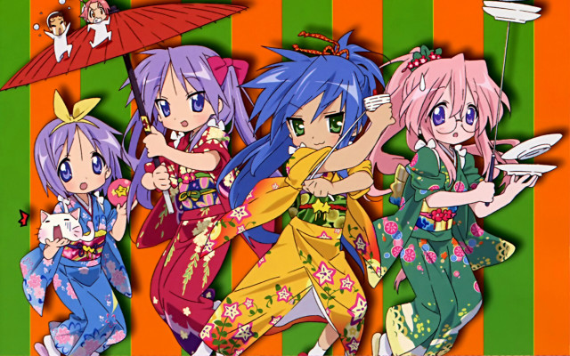 Anime girls umbrella green orange free wallpaper - medium preview image