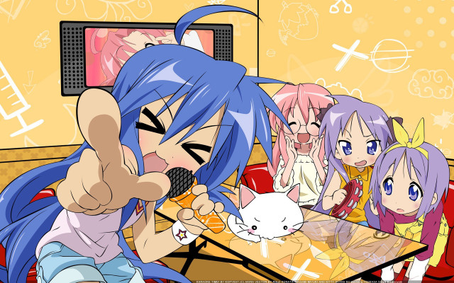 Anime girls table cat lap free wallpaper - medium preview image