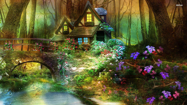 House woods bridge stream flowers free wallpaper - medium preview image