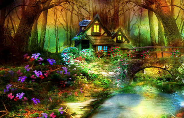 House woods bridge stream flowers #2 free wallpaper - medium preview image