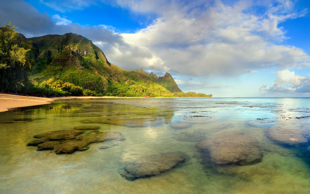 Beach mountain clearwater rocks sunset free wallpaper - medium preview image
