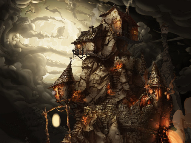 Castle clock full moon painting free wallpaper - medium preview image