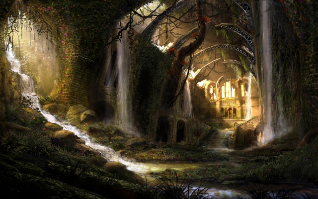 Waterfall forest painting side middle #2 free wallpaper - medium preview image