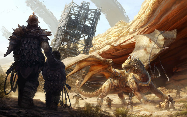 Man woman desert dragon structures free wallpaper - medium preview image