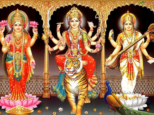 Three deities tiger peacock painting free wallpaper - medium preview image